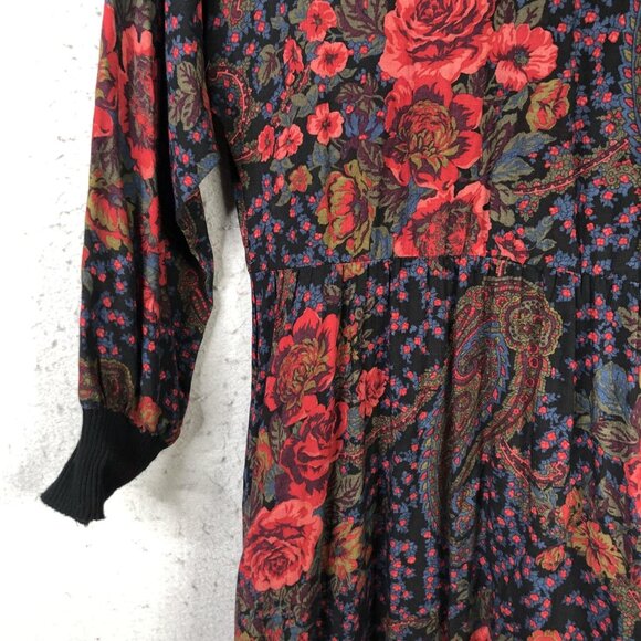 VINTAGE David Warren Dress Womens 12 Black Floral Paisley Made USA Back Zip 80s - Picture 11 of 16